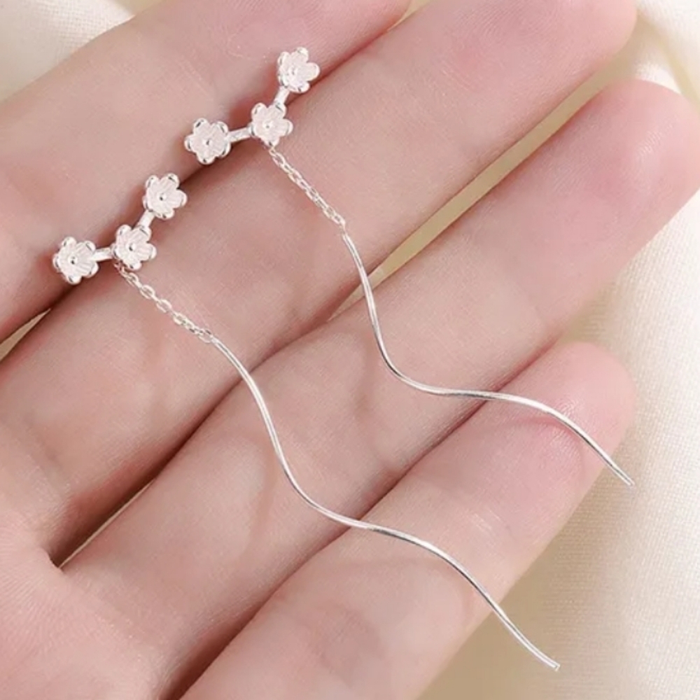 Sterling Silver Threaded Flower Drop Earrigns Dangle Minimalist Simple Jewelry